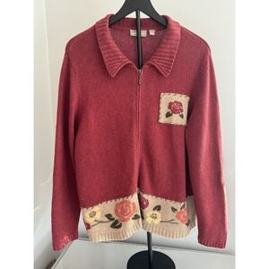 Croft & Barrow XL Floral Ramie Wool Angora Knit Zip Cardigan Red Rose Sweater